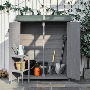 Garden shed with asphalt roof, double wooden door, shelf, green and grey