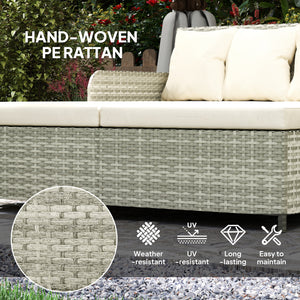 Outdoor rattan sun lounger with soft cushions, 4 pillows, curved backrest and armrests, beige