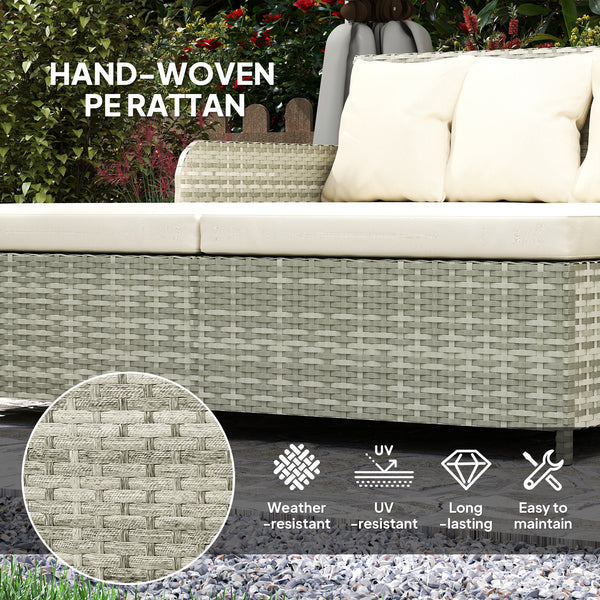 Outdoor rattan sun lounger with soft cushions, 4 pillows, curved backrest and armrests, beige