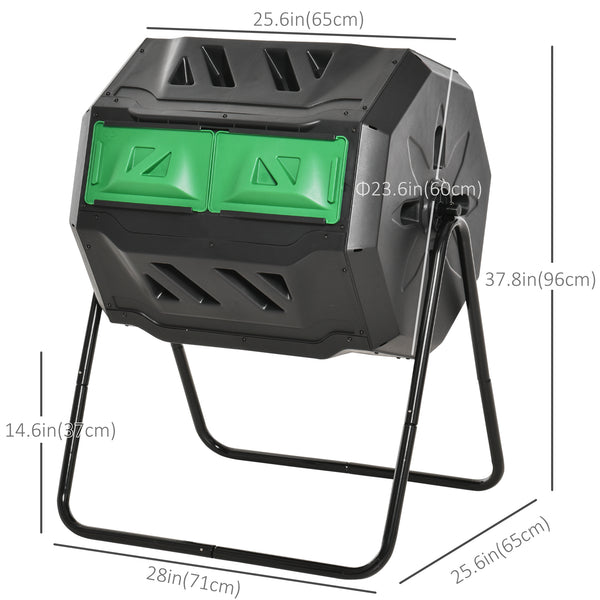 Rotating composter with double chamber, 360° rotation, green