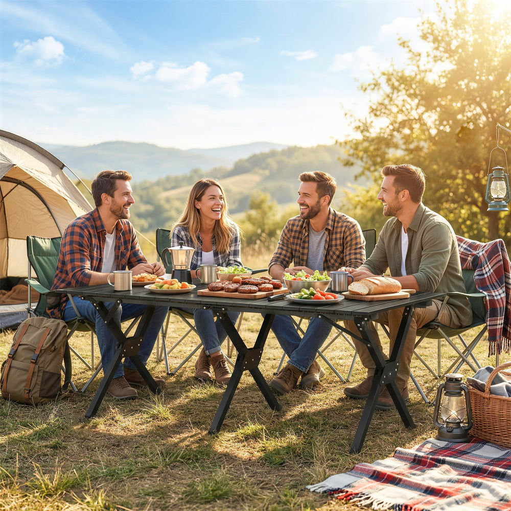 Waterproof foldable camping table with roll-up top and metal frame, black