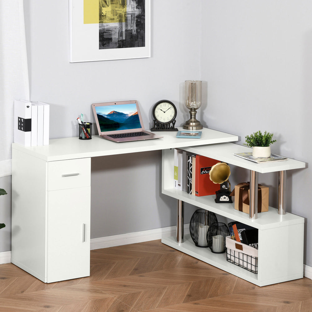 L-Shaped Rotating Computer Desk with Storage Shelves, Cabinet and Drawer, White