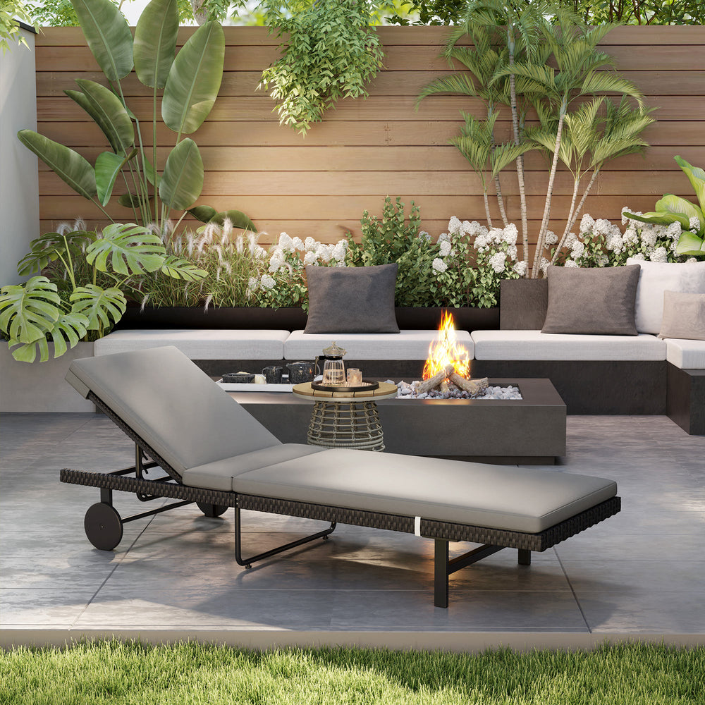 Synthetic rattan garden lounge chair with 5-way adjustable backrest, wheels and cushion, grey
