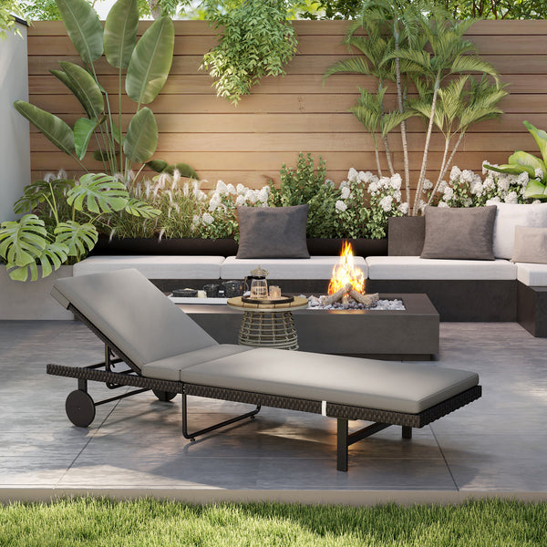 Synthetic rattan garden lounge chair with 5-way adjustable backrest, wheels and cushion, grey