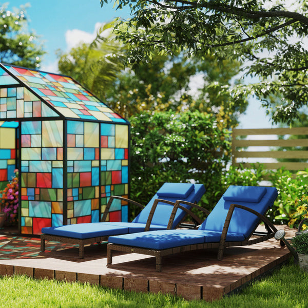 Set of 2 Outdoor Wicker Lounge Chairs with 5-Level Adjustable Backrest, Casters, Cushion and Armrests, Blue