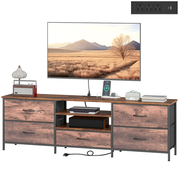 Industrial-style TV stand for TVs up to 70 inches, with charging station, 5 drawers and open shelves, rustic brown 