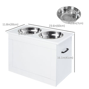 Raised bowls with storage, 2 stainless steel bowls, white