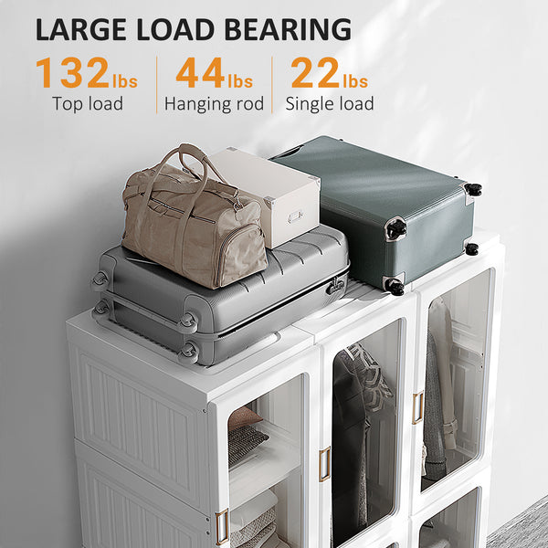 Foldable and portable wardrobe with cube storage, hanging rails, and magnetic doors, white