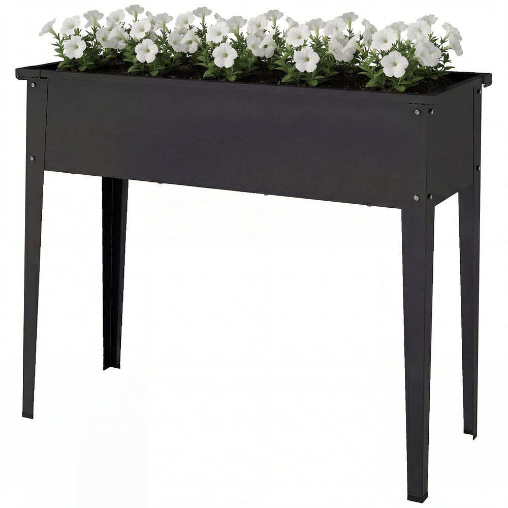 Raised garden bed with reinforced corners, metal on legs with drainage hole, black