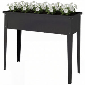 Raised garden bed with reinforced corners, metal on legs with drainage hole, black