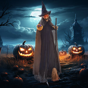 6.2ft Life-Size Halloween Outdoor Witch with Broomstick Decoration, Sound and Motion Activated with Light-Up Eyes