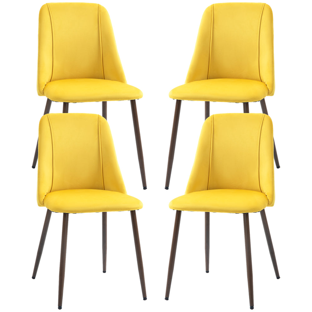 Set of 4 velvet upholstered chairs with steel backrest and legs, yellow