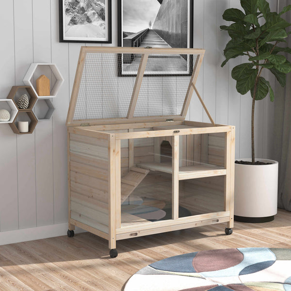 Indoor Rabbit Hutch with Wheels, Bunny Cage Guinea Pig House W/ Top Access, Ramp, Pull Out Tray, Natural Wood