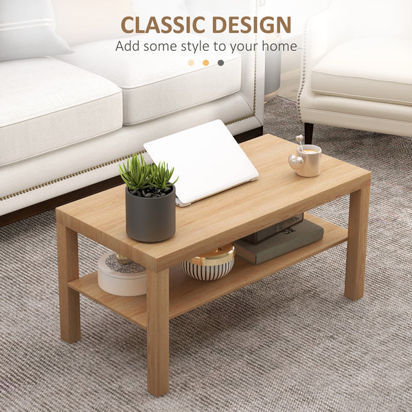 Two-tier coffee table with storage shelf, natural wood color