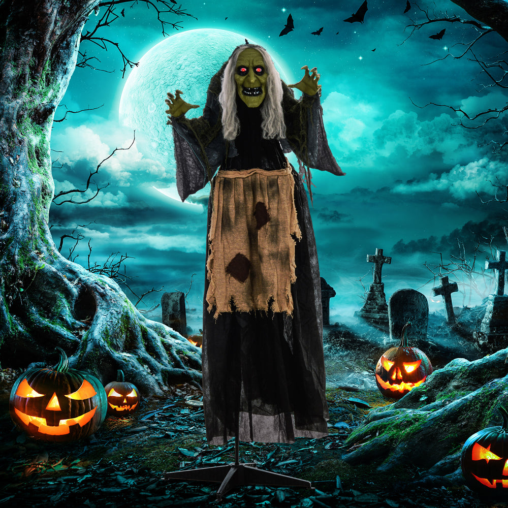 63" Animated Halloween Hunchbacked Witch with Red LED Eyes, Sounds and Movements – Gray and Black