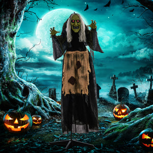 63" Animated Halloween Hunchbacked Witch with Red LED Eyes, Sounds and Movements – Gray and Black