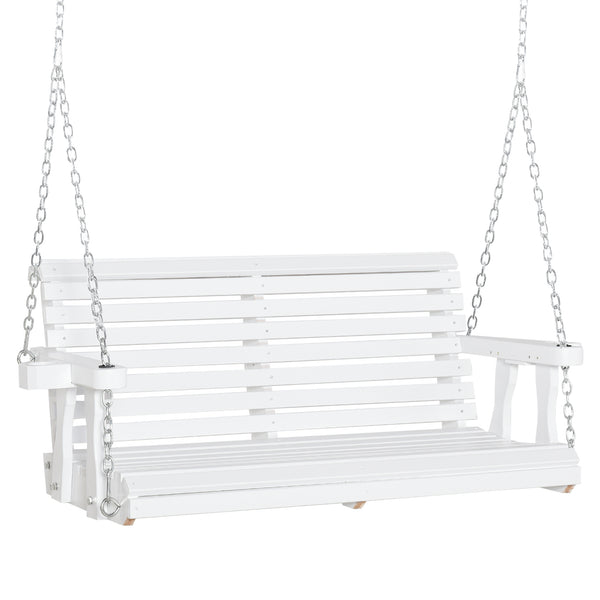 2-seater wooden porch swing with cup holder and chains, white