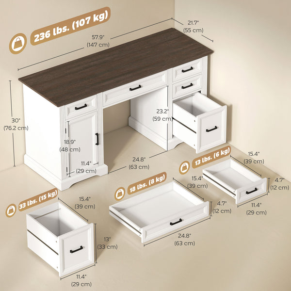 Country-style desk with soft-close drawers, white