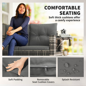 Wicker Outdoor Sofa with Side Trays, Rattan Patio Loveseat with Cushions for Garden Balcony, Light Grey