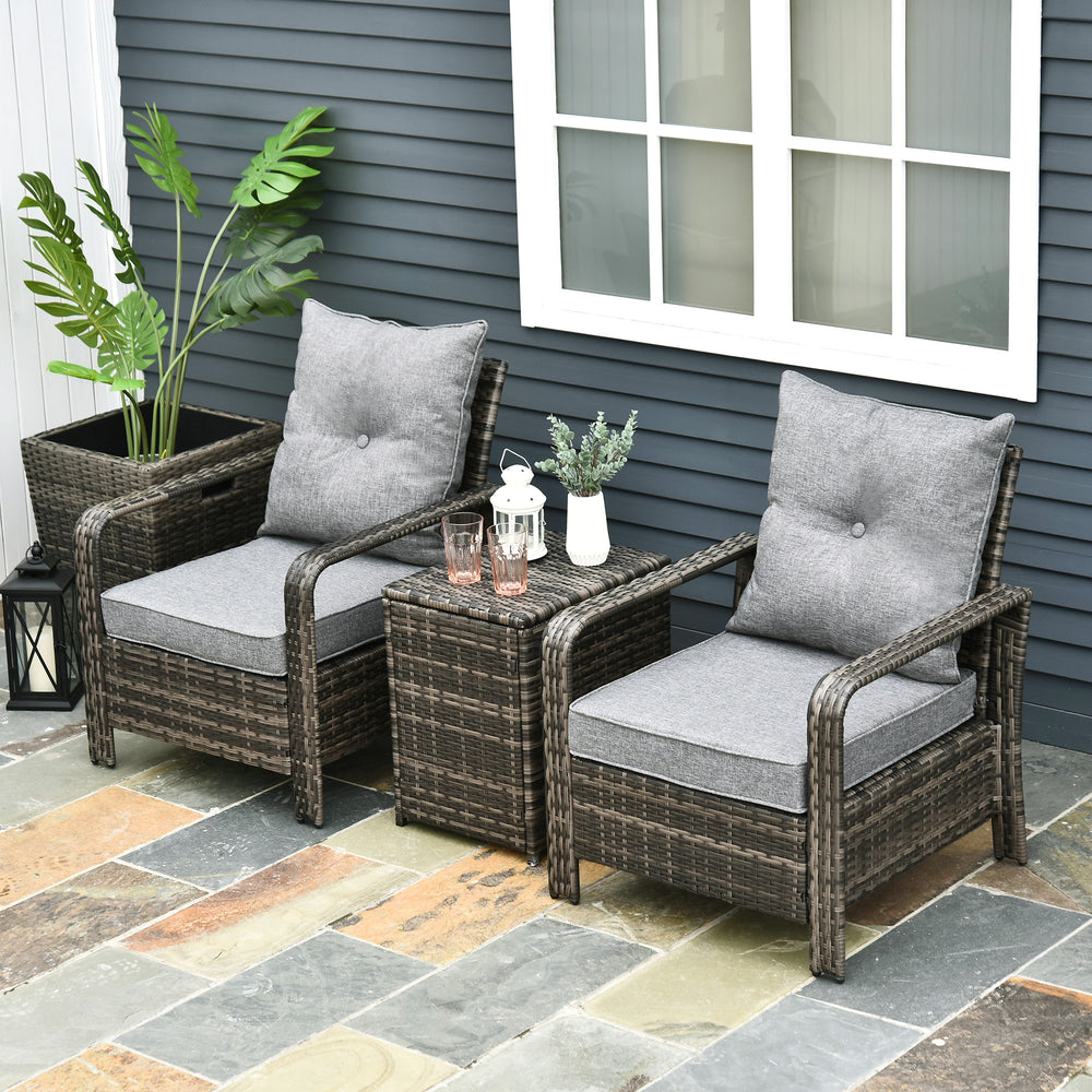 3 Pieces Wicker Patio Furniture Set, Rattan Bistro Set with Storage Coffee Table and Thickened Cushions, Outdoor Conversation Set for Garden, Porch, Balcony, Grey