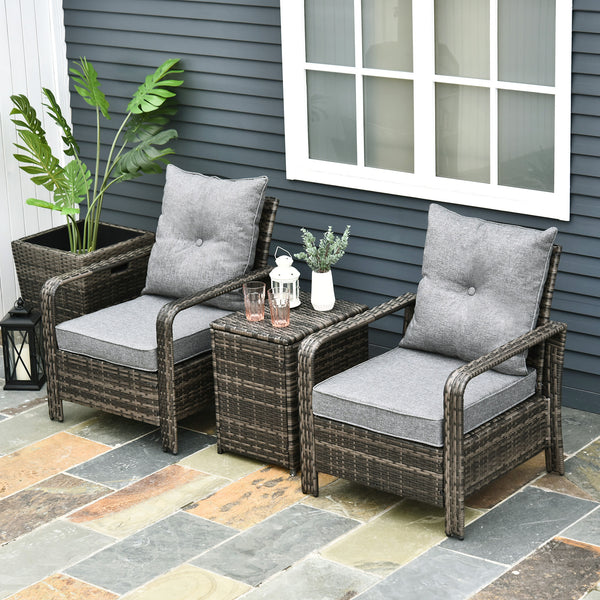 3 Pieces Wicker Patio Furniture Set, Rattan Bistro Set with Storage Coffee Table and Thickened Cushions, Outdoor Conversation Set for Garden, Porch, Balcony, Grey