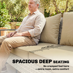 3-Seater Outdoor PE Wicker Sofa with Deep Seating, Wood-Look Aluminum Armrests, Cushions, Khaki