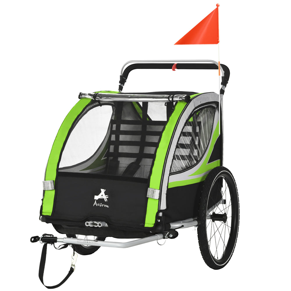 3-in-1 bike trailer with 5-point harness, storage, green