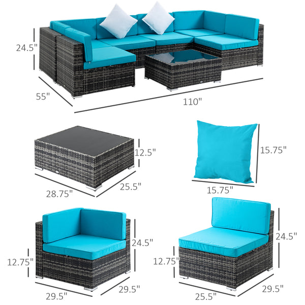 7-piece rattan furniture set with cushions and coffee table, blue