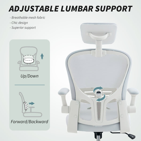Mesh Office Chair with Adjustable Headrest, 4D Lumbar Support, Flip-up Armrests, White
