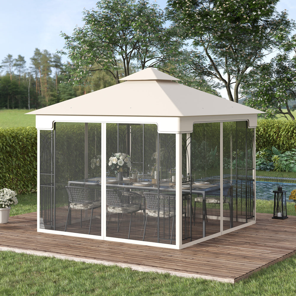 10'x10' Soft Top Patio Gazebo with Two-Tier Roof, Mesh Curtains, Display Shelves, Top Hooks, Cream Color