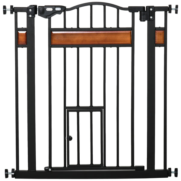 Extra-wide dog gate with integrated cat flap, black