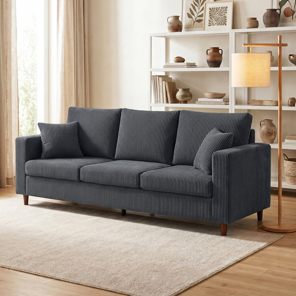 3-seater sofa with wide seat, in corduroy, spring cushions, dark grey