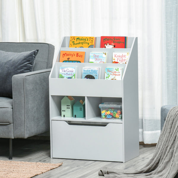 Bookcase with multiple shelves and storage drawer, gray