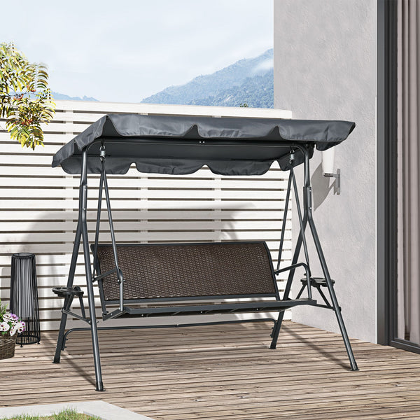 3-Seat Patio Swing Chair, Outdoor Canopy Swing Glider with Adjustable Shade, Rattan Seat and Steel Frame, for Porch, Garden, Poolside, Dark Grey