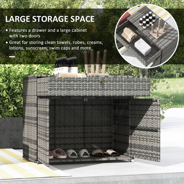 2-door wicker outdoor storage cabinet with drawer, grey