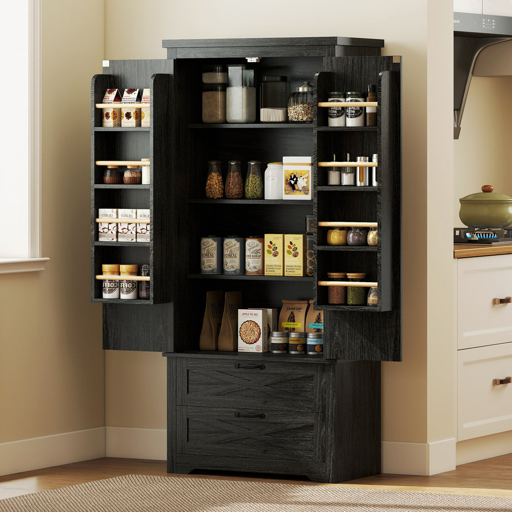 Country Style Pantry with Drawers, Distressed Black