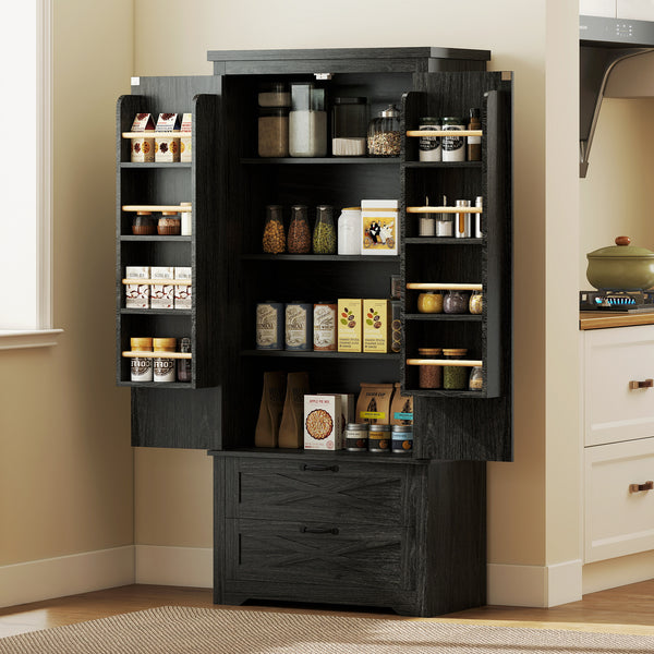 Country Style Pantry with Drawers, Distressed Black