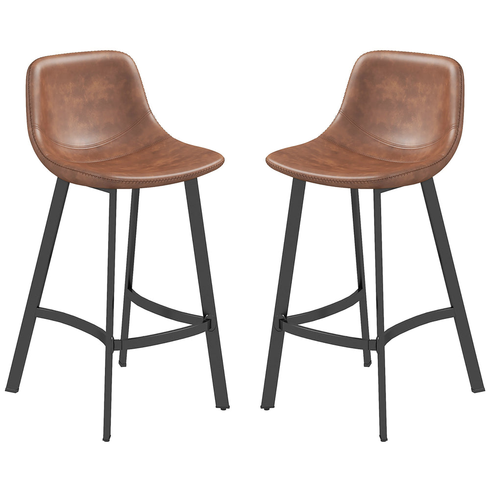 Set of 2 padded bar stools with backrest and steel legs, brown