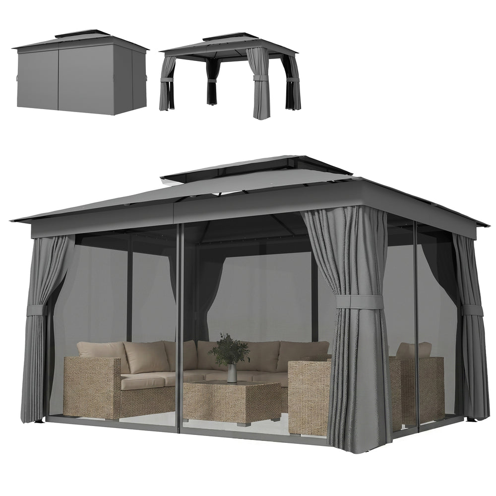10' x 12.5' Outdoor Gazebo with Curtains and Netting, Double Roof Metal Patio Gazebo Canopy Shelter with Hook, Dark Grey