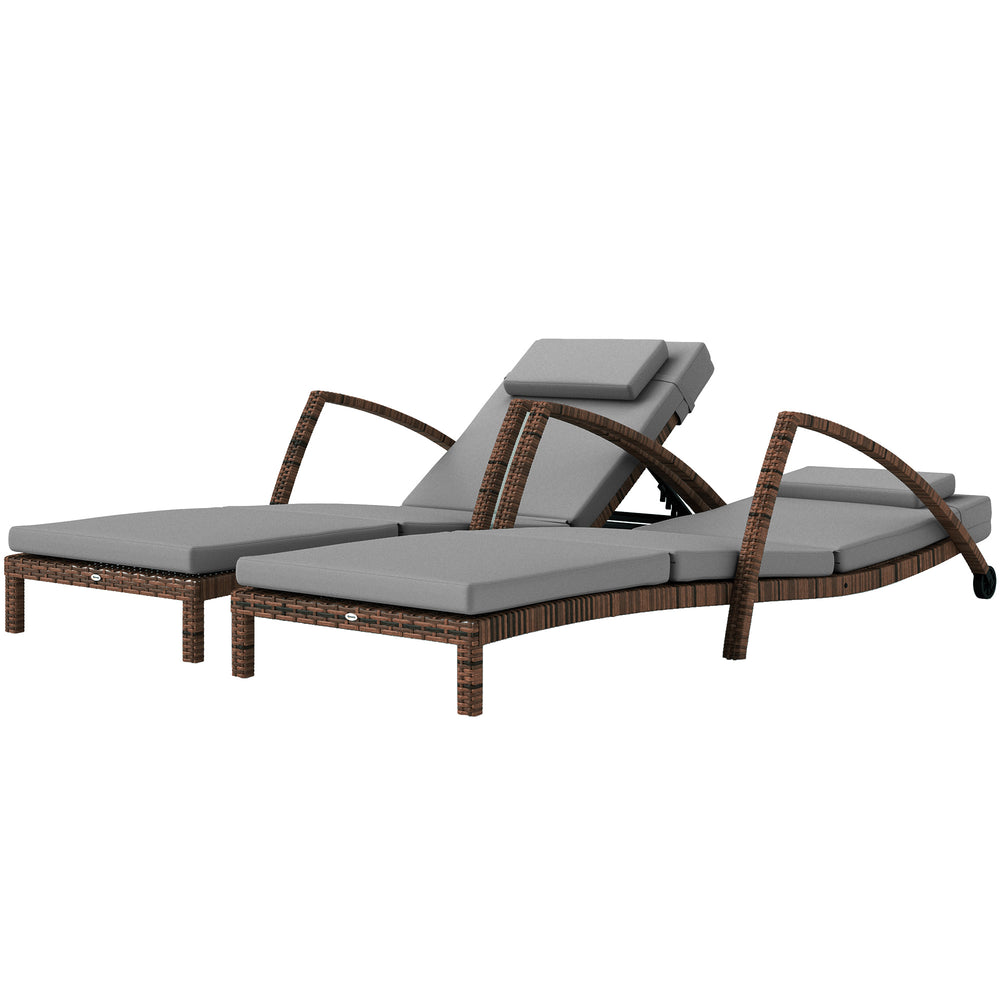 Set of 2 Outdoor Wicker Lounge Chairs with 5-Level Adjustable Backrest, Casters, Cushion and Armrests, Grey
