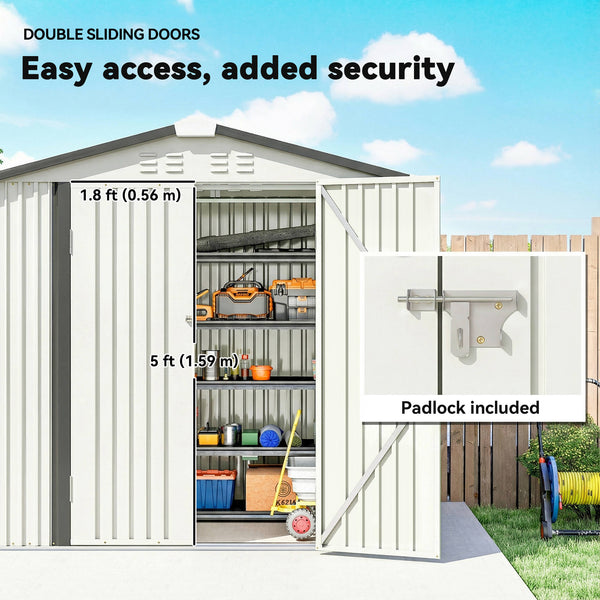 Metal garden shed, 1.98 m x 1.22 m, with lockable double door and 4 vents, silver-white.