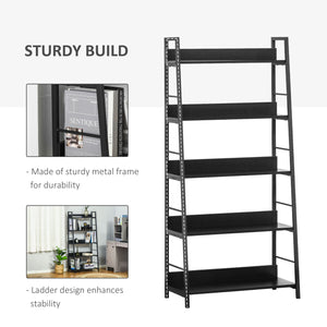 Modern bookcase with wide 5-tier shelves, metal frame, black