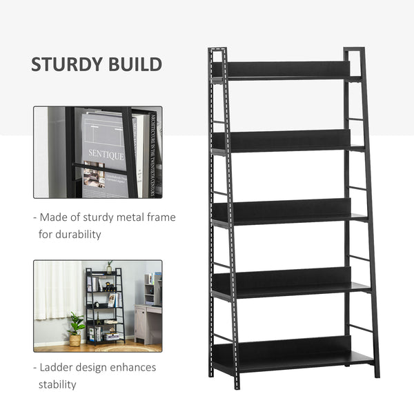 Modern bookcase with wide 5-tier shelves, metal frame, black