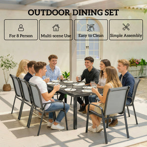 9-Piece Patio Set with Stackable Chairs with Glass Top, Light Gray