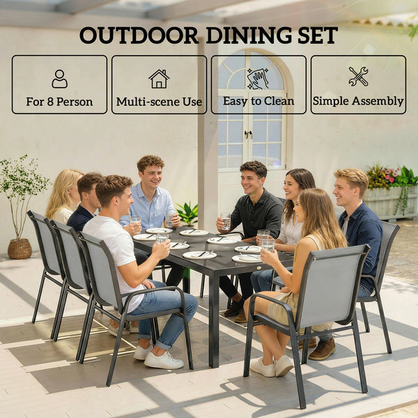 9-Piece Patio Set with Stackable Chairs with Glass Top, Light Gray