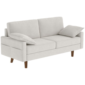 3 Seater Sofa, Velvet Upholstered Couch with Spring Cushions, Rubber Wood Legs and 2 Pillows, Cream White