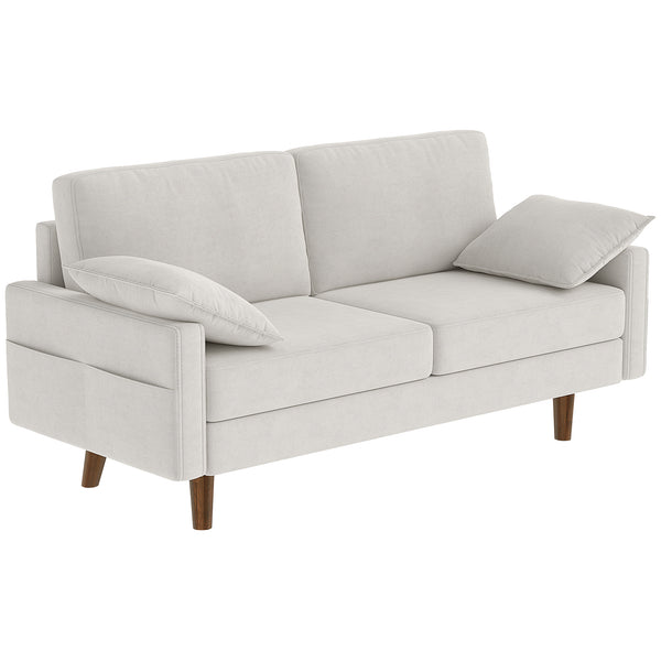 3 Seater Sofa, Velvet Upholstered Couch with Spring Cushions, Rubber Wood Legs and 2 Pillows, Cream White