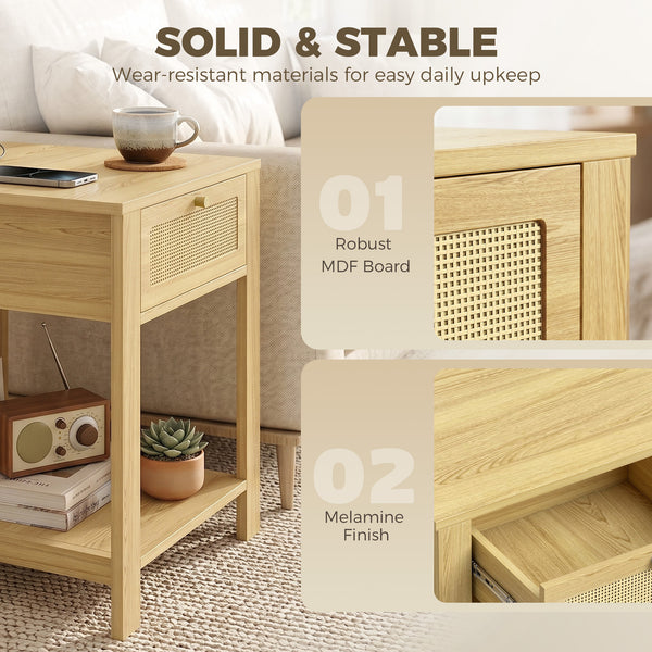 Side Tables with Drawer, Natural Wood Finish, Set of 2
