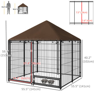 Dog kennel with canopy and swivel bowls, coffee color