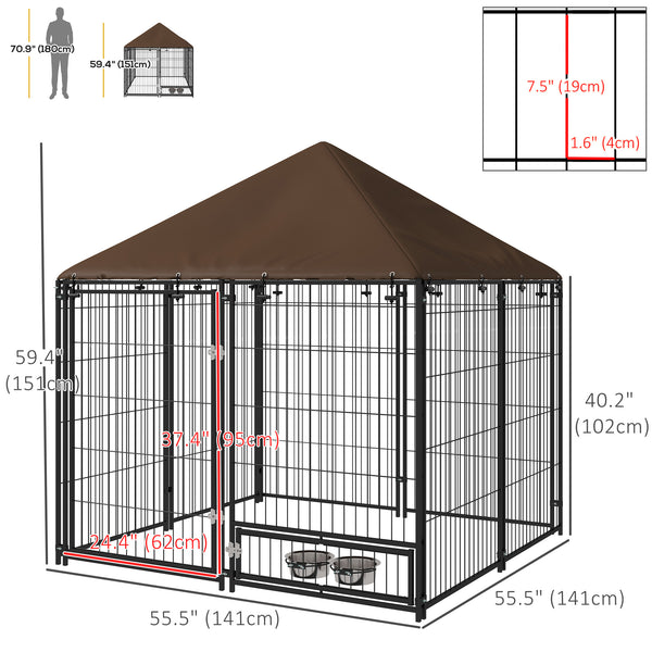 Dog kennel with canopy and swivel bowls, coffee color